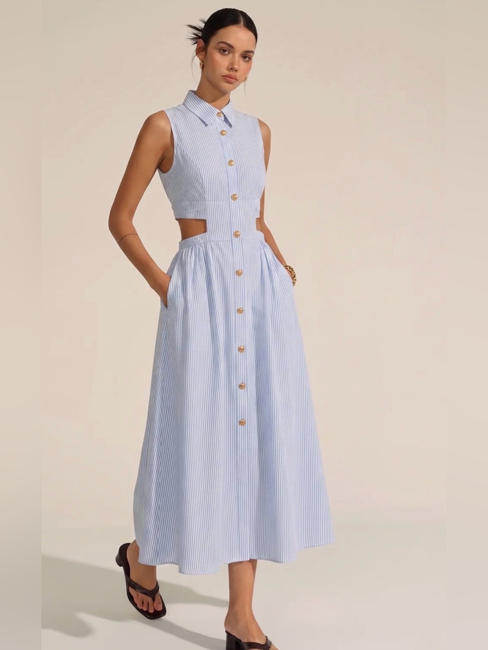 Commense Sleeveless Cutout Striped Midi Shirt Dress